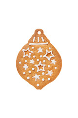 Christmas gingerbread in the form of a Christmas tree toy, festive homemade sweet cookie, isolated on white background
