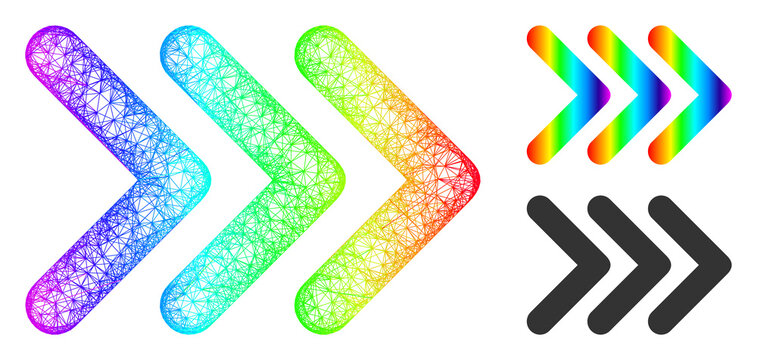 Spectrum colored crossing mesh triple arrowhead right, and solid spectrum gradient triple arrowhead right icon. Linear frame 2D net abstract image based on triple arrowhead right icon,