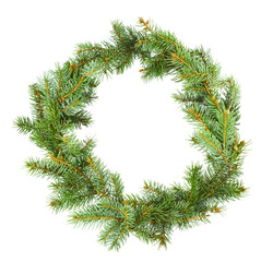 Fototapeta na wymiar Wreath of fir branches isolated on white background. Christmas concept. New Year's Holidays.