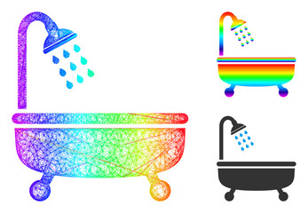 Naklejka premium Rainbow vibrant net shower bath, and solid rainbow gradient shower bath icon. Crossed carcass 2D net geometric symbol based on shower bath icon, made from crossed lines.