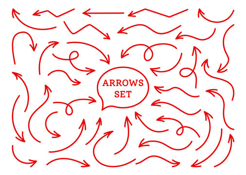 Arrows bright red infographic line set. Comics different directions pointer collection. Various curved, arched artistic uneven arrow shapes cursor. Vector signpost design elements
