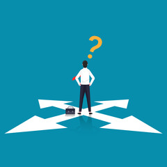 Obraz premium Confused businessman standing at cross road symbol. Business choice vector illustration.