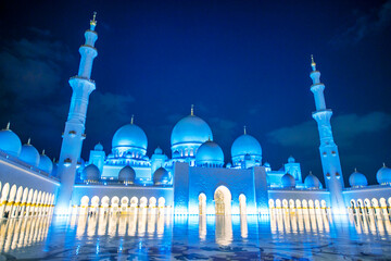 Exterior view of Sheikh Zayed Mosque in Abu Dhabi at night, UAE