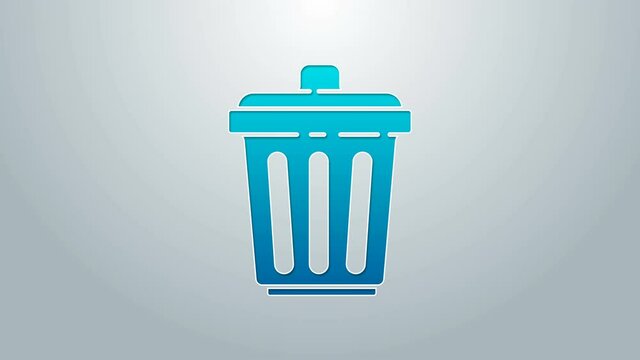 Blue line Trash can icon isolated on grey background. Garbage bin sign. Recycle basket icon. Office trash icon. 4K Video motion graphic animation