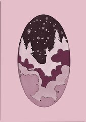 Postcard in digital paper style technique with Christmas trees and snowflakes and snow