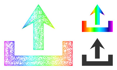 Spectrum colorful net mesh upload, and solid spectrum gradient upload icon. Linear carcass flat net geometric symbol based on upload icon, is made from crossed lines.