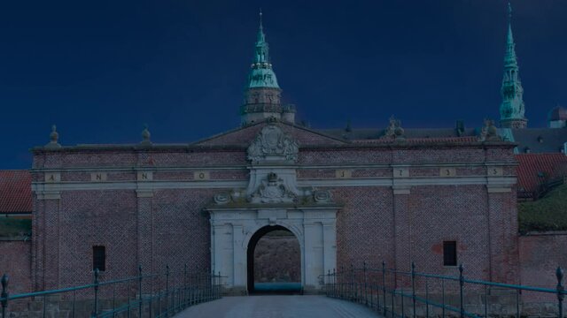 Celebratory fireworks for new year over Kronborg castle the Helsingor (Elsinore) town, Denmark during last night of year. Christmas atmosphere