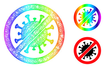 Spectrum vibrant wire frame stop virus, and solid spectral gradient stop virus icon. Wire frame flat net abstract symbol based on stop virus icon, made with crossing lines.