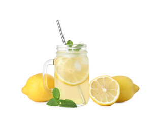 Natural lemonade with mint and fresh fruits on white background. Summer refreshing drink