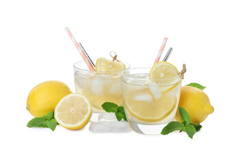Natural lemonade, mint and fresh fruits on white background. Summer refreshing drink