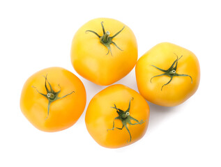 Delicious ripe yellow tomatoes isolated on white, top view