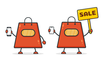Set Cute shopping bag. Illustration vector graphic shop bag cartoon character with smartphone and holding sale banner. Perfect for Ecommerce, Symbol of promotion sale, store web element.