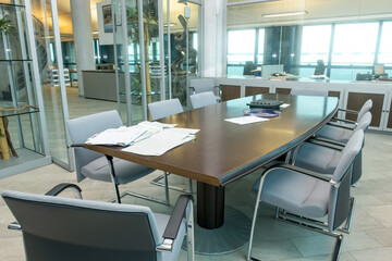 Office cabinet with modern desktop and chairs. meeting with company leaders