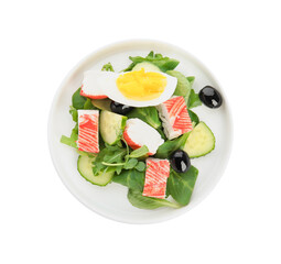 Delicious crab stick salad isolated on white, top view