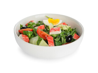 Delicious crab stick salad in bowl isolated on white