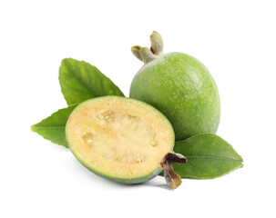 Whole and cut feijoa fruits on white background