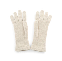 Pair of woolen gloves on white background, top view. Winter clothes