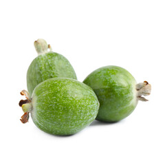 Delicious fresh feijoa fruits on white background