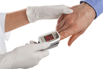 Doctor checking patient's oxygen level with pulse oximeter on white background, closeup