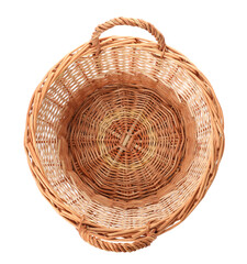 Fototapeta premium Wicker basket with handles isolated on white, top view