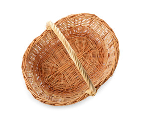 Wicker basket with handle isolated on white, top view