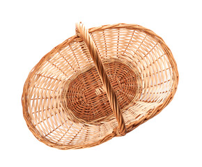 Wicker basket with handle isolated on white, top view