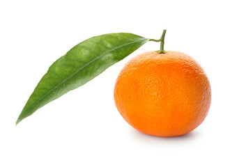 Whole fresh tangerine with green leaf isolated on white