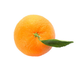 Whole fresh tangerine with green leaf isolated on white, top view