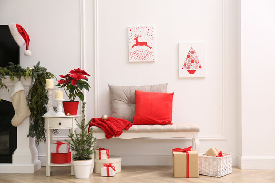Living room interior with Christmas themed pictures