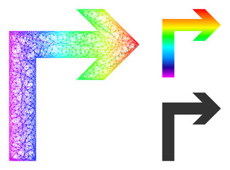 Rainbow vibrant crossing mesh turn right, and solid rainbow gradient turn right icon. Crossed carcass flat network abstract image based on turn right icon, is created with crossing lines.