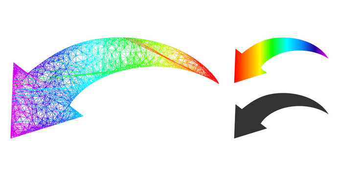 Rainbow colored network undo, and solid rainbow gradient undo icon. Wire frame 2D network geometric image based on undo icon, made with crossed lines.
