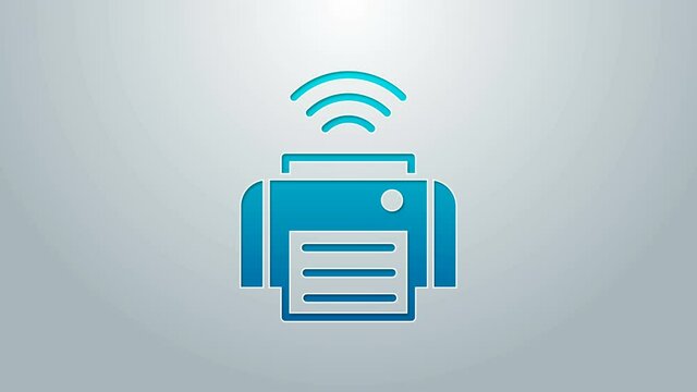 Blue line Smart printer system icon isolated on grey background. Internet of things concept with wireless connection. 4K Video motion graphic animation