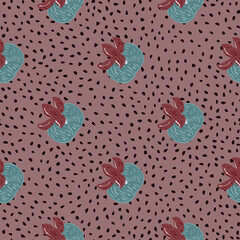 Pale tones seamless pattern with persimonn blue ornament. Dark pink dotted background.