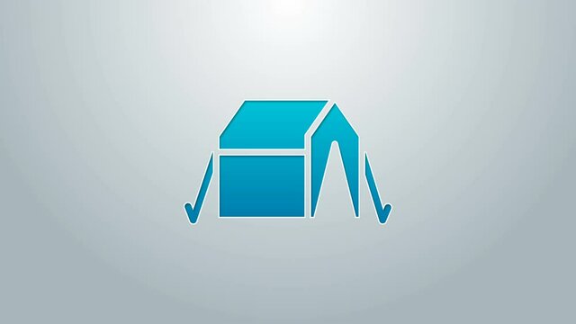 Blue line Tourist tent icon isolated on grey background. Camping symbol. 4K Video motion graphic animation