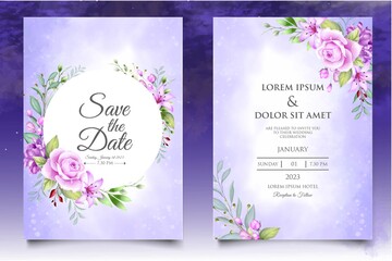 Watercolor wedding invitation floral and leaves card template