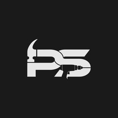 The initials of the letters PS with a hammer P and a negative S drill space for the construction and building logos