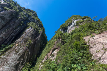 Montanha de rocha com floresta e céu azul.