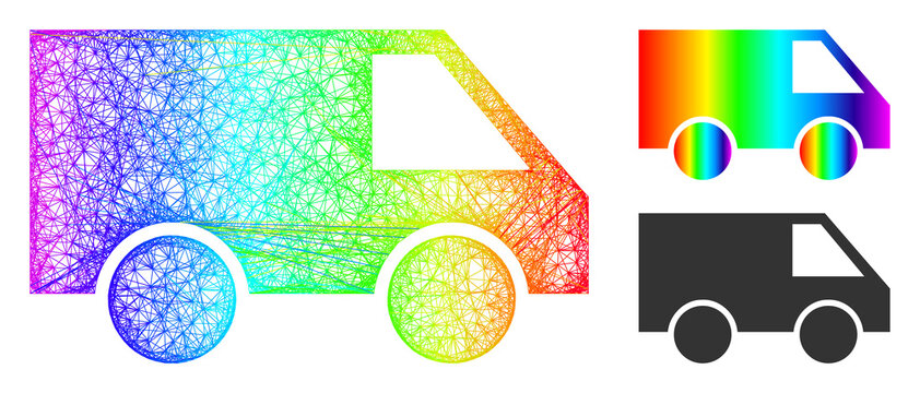 Spectral colored wire frame van, and solid spectrum gradient van icon. Wire frame flat net abstract image based on van icon, created with intersected lines.