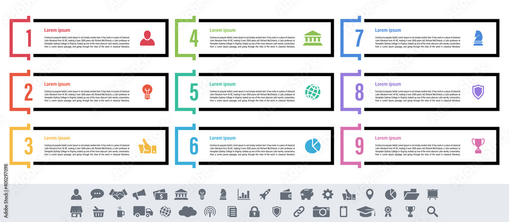 Wall mural infographic design business concept vector illustration with 9 steps or options or processes represe