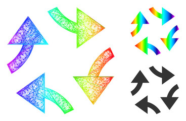 Spectrum colorful net mesh swirl arrows, and solid spectrum gradient swirl arrows icon. Crossed carcass flat net abstract symbol based on swirl arrows icon, is generated from crossed lines.