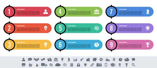Infographic design business concept vector illustration with 9 steps or options or processes represent work flow or diagram or web button banner