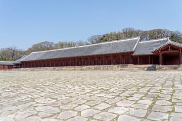 Seoul, South Korea - April 12, 2019: View of Jongmyo Shrine in Seoul, South Korea,  a Confucian shrine for memorial services for the deceased kings and queens of the Korean Joseon Dynasty.  