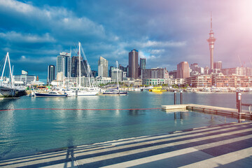 Fototapeta premium AUCKLAND, NZ - AUGUST 27, 2018: Auckland waterfront boats on a beautiful morning