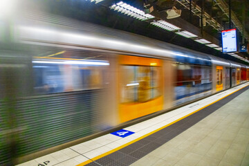 SYDNEY, AUSTRALIA - AUGUST 20, 2018: Exterior of subway train speeding up