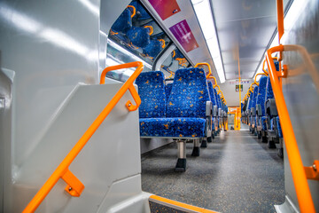 SYDNEY, AUSTRALIA - AUGUST 20, 2018: Interior of subway train at the station