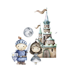 The little knight and cute princess around castle. Kid Adventure Hand drawn watercolor isolated nursery kid cartoon illustration on white background © Anna Terleeva