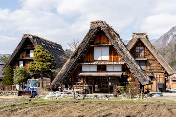 Gifu, Japan - April 4, 2019: People visiting Shirakawa-go Villages in early spring in Gifu Prefecture, Japan. The Historic Villages of Shirakawa-go is one of Japan's UNESCO World Heritage Sites.