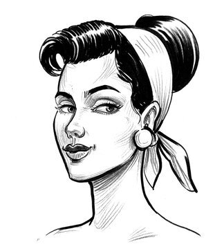 Pretty pinup woman. Ink black and white drawing