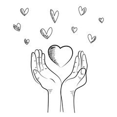 hand drawn of hands up. Concept of charity and donation. Give and share your love to people. hands gesture on doodle style.  vector illustration