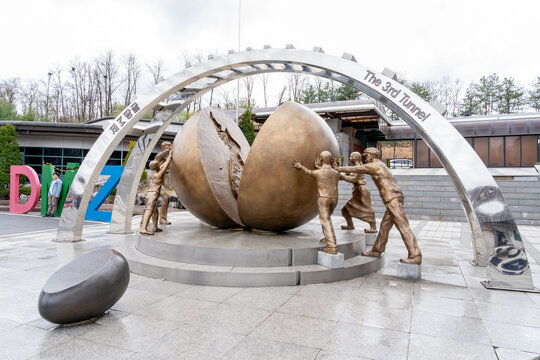 Paju, South Korea - April 10, 2019: The Statue at site of Third Infiltration Tunnel, in DMZ between North and South Korea. 3rd Tunnel is one of four known tunnels under the border between North Korea
